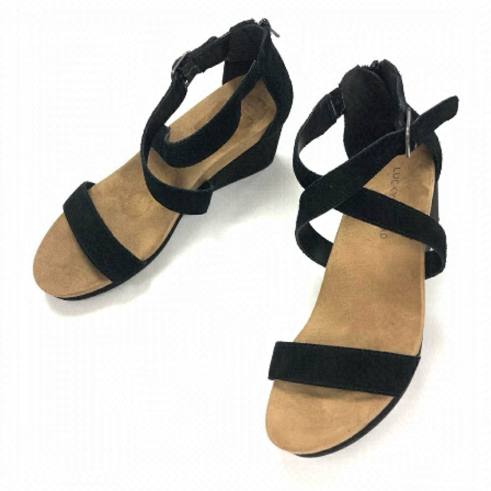 Lucky Brand Black and Tan Wedge Sandals